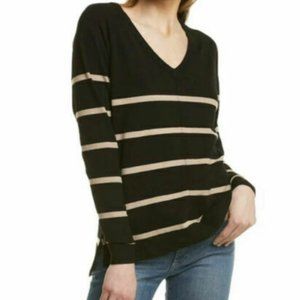 Bobeau Women's Size S V-Neck Long Sleeves Knit Sweater Uneven Hem Black Oatmeal